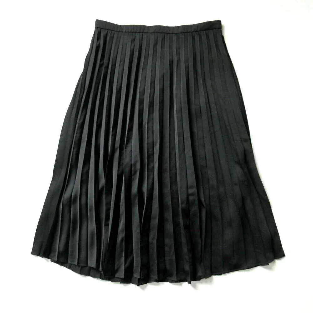 NWT J.Crew Pleated Midi in Black Satin A-line Skirt 10 $98